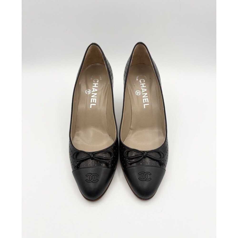 Chanel Black Perforated Leather Heels w/ CC Cap Toe & Bow Accent Size EU 36.5